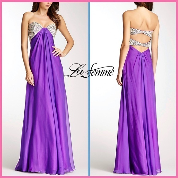 La Femme Purple & Silver Sequin Embellished Chiffon Prom Gown Dress